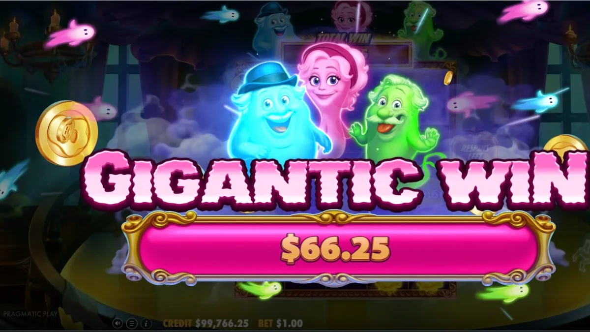 Tampilan visual slot Great Ghosts dengan tema rumah hantu kartun