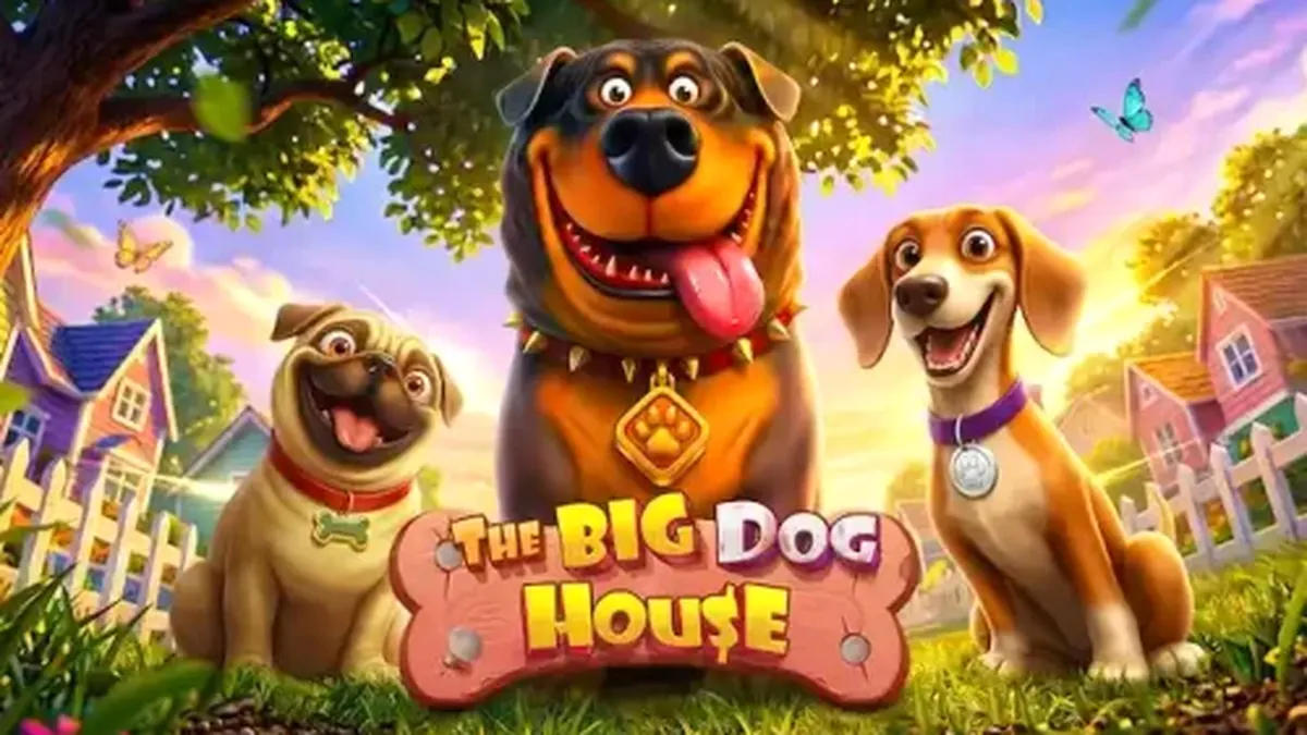 Tampilan visual slot The Big Dog House dengan simbol anjing yang ceria